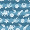 Vector repeating pattern with seafood products. Seafood seamless backgruond with underwater animals.