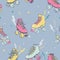 Vector Retro Electric Roller Skating on Pastel Blue seamless pattern background.