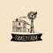 Vector retro family farm logotype.Organic premium quality products poster.Vintage hand sketched barn and windmill icons.