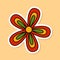 Vector Retro Flower sticker isolated on yellow background. 70s style cartoon rainbow flower head with white contour