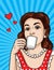 Vector retro illustration of pop art comic style of a pretty woman drinks a coffee.