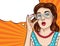 Vector retro illustration pop art comic style of a pretty woman holds glasses.