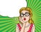 Vector retro illustration pop art comic style of a pretty woman in red dress boring.