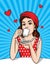 Vector retro illustration of pop art comic style of a pretty woman in red dress and hat drinks a coffee