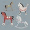 Vector retro rocking kids toys horses with branches and heart decoration.