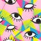 Vector retro style futuristic seamless pattern. Vintage colorful background. All seeing eye symbol. Eighties fashion illustration.