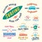 Vector Retro Style Surfing Labels, Logos or T-shirt Graphic Design Featuring Surfboards, Surf Woodie Car, Motorcycle