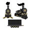 Vector retro train. Black locomotive and freight car with gold details