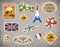 Vector retro travel luggage stickers set on grunge background