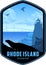 Vector Rhode Island vector label with Harbor seal and seagulls near lighthouse