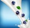 Vector ripe, blueberries falling in milk. Milk splash with berries isolated on blue background. Template for advertising