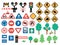 Vector road signs set. Railway and traffic street icons collection with barrier, semaphore, construction works cone. Cute highway