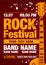 Vector rock festival flyer design template with guitar, notes and cool orange grunge effects