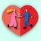Vector romantic illustration, paper art, paper heart, man runs toward woman, they pull hands towards each other, love