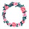 Vector round frame of hand drawn flowers for words. Isolated red pink vignette for flat design