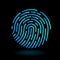 Vector round icon fingerprint symbol of finger in line art design on black background - neon blue cyan color