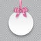 Vector round paper banner hanging on pink ribbon with bow. White post note with pink ribbon and bow on