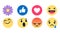 Vector round yellow cartoon bubble emoticons for social media chat comment reactions, icon template face tear, smile, sad, flower,