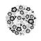 Vector rounded shape in black and white colors with flowers, suns and abstract elements in doodle style