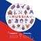 Vector Russian Travel flyer, brochure. Colorful russian icons on a flag background. Flat circle infographics