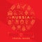 Vector Russian Travel Guide. Russian golden icons on a red background. Flat circle infographics