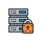 Vector safe server, protected data center, web hosting flat color line icon.