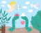 Vector Saint Valentine day background with cute insects. Funny scene with two enamored caterpillars in the garden. Flat