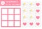 Vector Saint Valentine day tic tac toe chart with cute cupid and heart. Holiday board game playing field with traditional