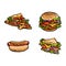 Vector sandwich, burger hot dog pizza slice set