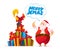 Vector santa and funny rooster characters portrait on white background.