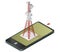 Vector satellite tower in mobile phone, transmission isometric tower.