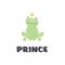 Vector scandinavian frog character illustration. Colorful childish green frog prince sit with a crown isolated on white background