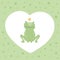 Vector scandinavian frog character illustration. Colorful childish green royal frog sit with a crown in heart shaped frame