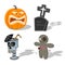 Vector scary Halloween signs pumpkin, Voodoo doll, scary cocktail, tombstone. Cartoon horror holiday elements. Spooky