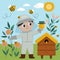 Vector scene with beekeeper honey jar, bee, beehive. Cute kid doing agricultural work icon. Rural country farmer landscape. Child