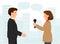 Vector scene of man and woman interview. A guy and a girl talking. Man giving interviews to a journalist.