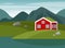 Vector scene with a Norwegian landscape. Forest, meadows, a red house by the water.
