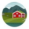 Vector scene with a Norwegian landscape. Forest, meadows, a red house by the water. Circle logo.