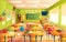 Vector school classroom interior, math training room. Educational concept, blackboard, table college furniture
