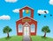 vector school house, apple trees, clouds and birds