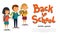 Vector Schoolboy and schoolgirls with Back to school text template. Happy Boy and girl with backpacks holding bouquets