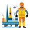 Vector Sea Oil Rig Drilling Platform and oilman. Flat style colorful Cartoon illustration.