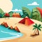 Vector sea water, island, ground, sun, sunshine, dawn, coconut tree illustration drawing
