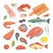 Vector Seafood illustrations set flat fresh fish and crab. Lobster and oyster, shrimp and menu, octopus animal