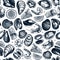 Vector seafood seamless pattern. Hand drawn fish, shellfish, shrimps, mollusks sketches with herbs, spices and lemon background.