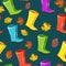 Vector seamless autumn,fall pattern,texture,print. Rainy colorful boots,leaves on the dark background