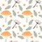 Vector seamless autumn pattern with orange poisonous mushrooms, fern leaves and berry branches. Fall season at forest in the form