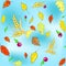 Vector seamless autumn texture with leaves and wheat spikes on blue background