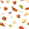 Vector seamless background of a cashew, brazilnut, walnut, hazelnut, peanut, pistachios, almond nut on white pattern