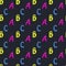 Vector Seamless background with cheerful bright letters A B C, kawaii, dark background. Cute cartoon alphabet